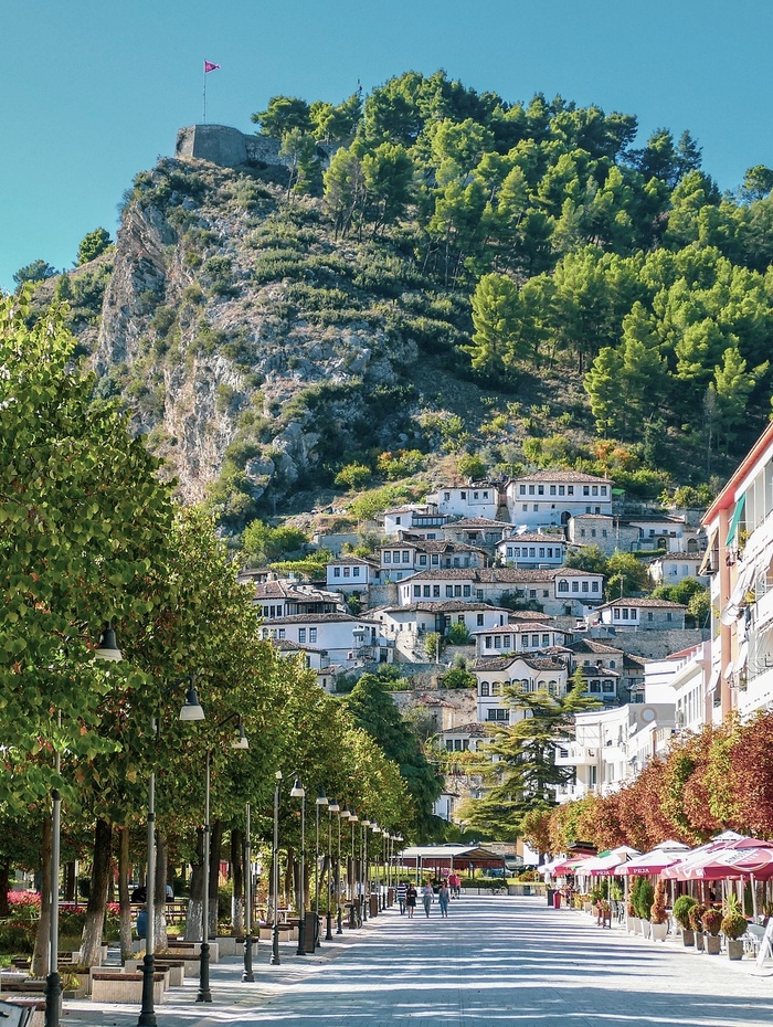 Eine von Bäumen gesäumte Fußgängerzone mit Häusern am Hang und einer Festung auf einem grünen Hügel unter einem klaren Himmel.