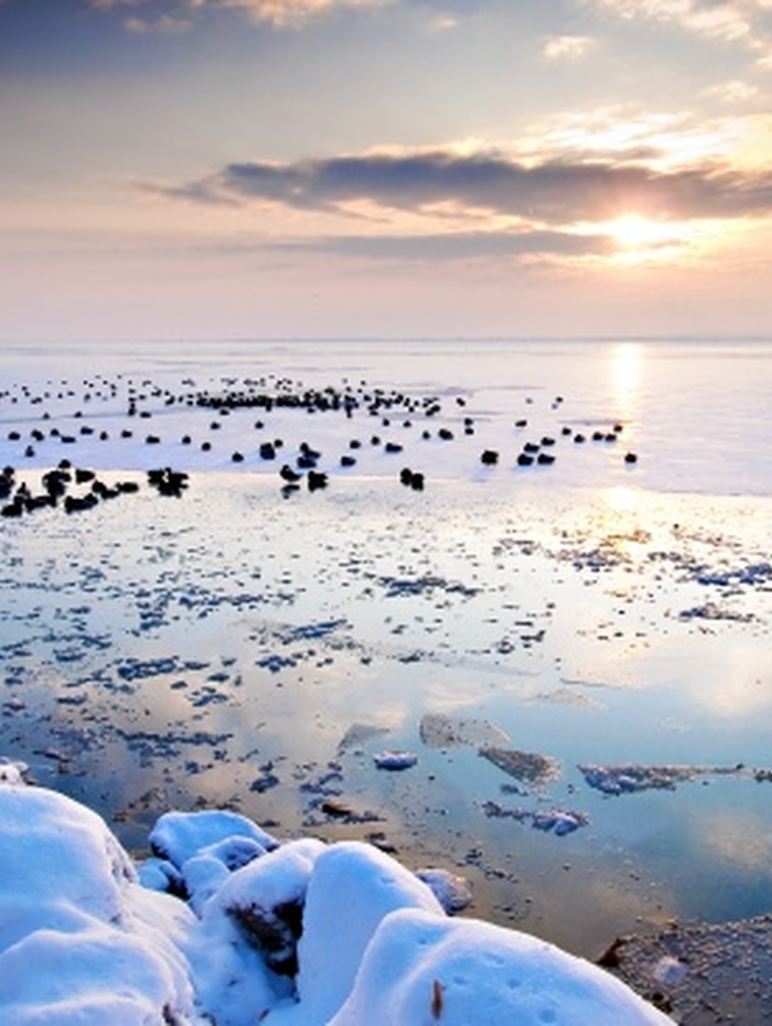 Schneebedeckte Felsen an einem teilweise zugefrorenen See bei Sonnenuntergang, mit Vögeln, die sich auf dem Eis versammelt haben, und ruhigem, spiegelndem Wasser.