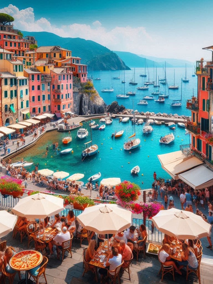 Ein farbenfrohes Dorf am Meer mit Booten in einem türkisfarbenen Hafen, Restaurants im Freien und bunten Blumen unter Sonnenschirmen.