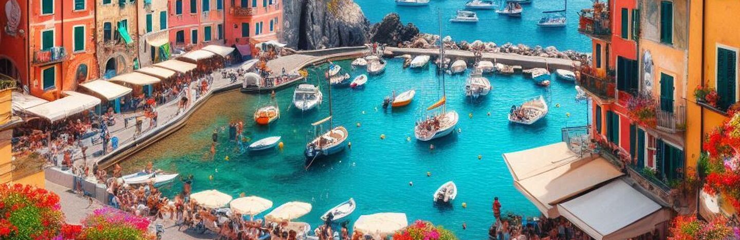 Ein farbenfrohes Dorf am Meer mit Booten in einem türkisfarbenen Hafen, Restaurants im Freien und bunten Blumen unter Sonnenschirmen.