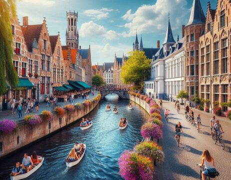 Menschen in Booten und auf Fahrrädern genießen an einem sonnigen Tag den malerischen Kanal, der von Blumen und historischen Gebäuden gesäumt ist.