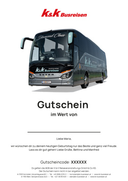 Ein K&K-Bus ist über einem deutschen Geschenkgutschein mit einer Botschaft und einem einmaligen Gutscheincode abgebildet.