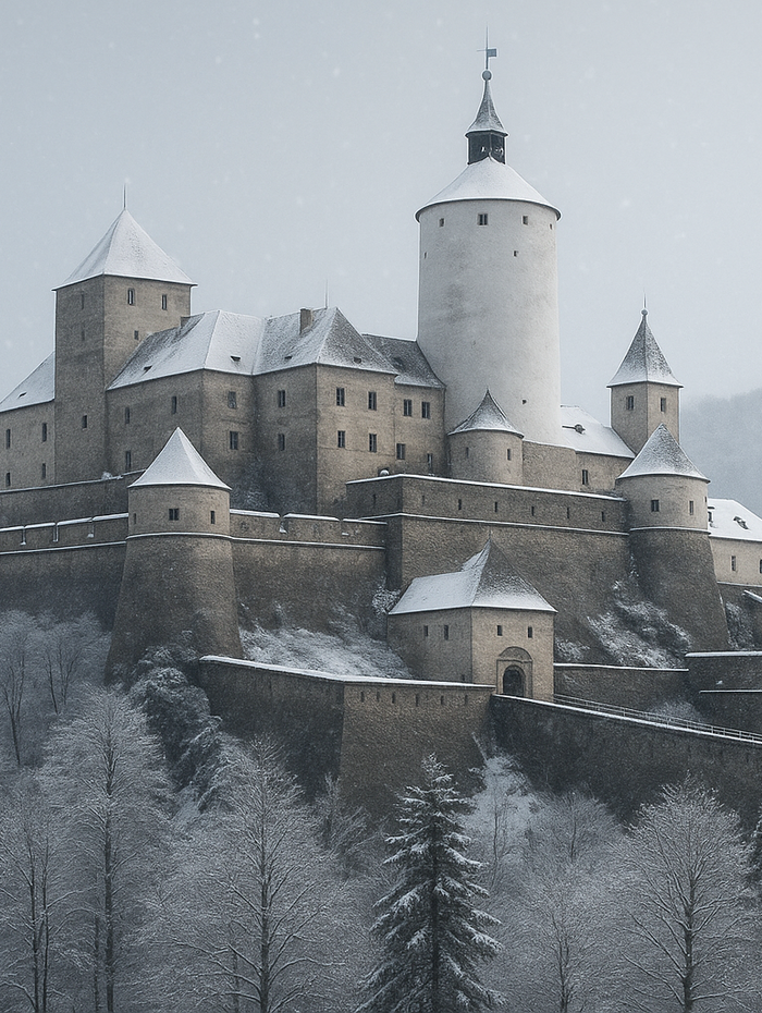 Eine mittelalterliche, verschneite Steinburg, umgeben von winterlichen Bäumen und sanft fallenden Schneeflocken.