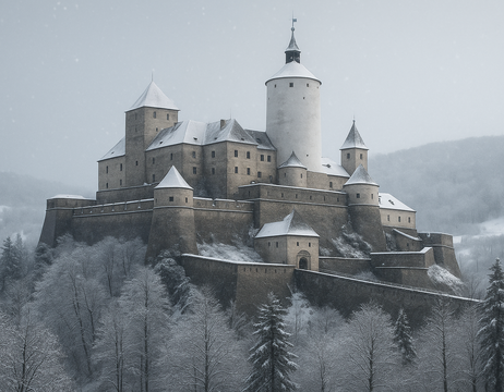 Eine mittelalterliche, verschneite Steinburg, umgeben von winterlichen Bäumen und sanft fallenden Schneeflocken.