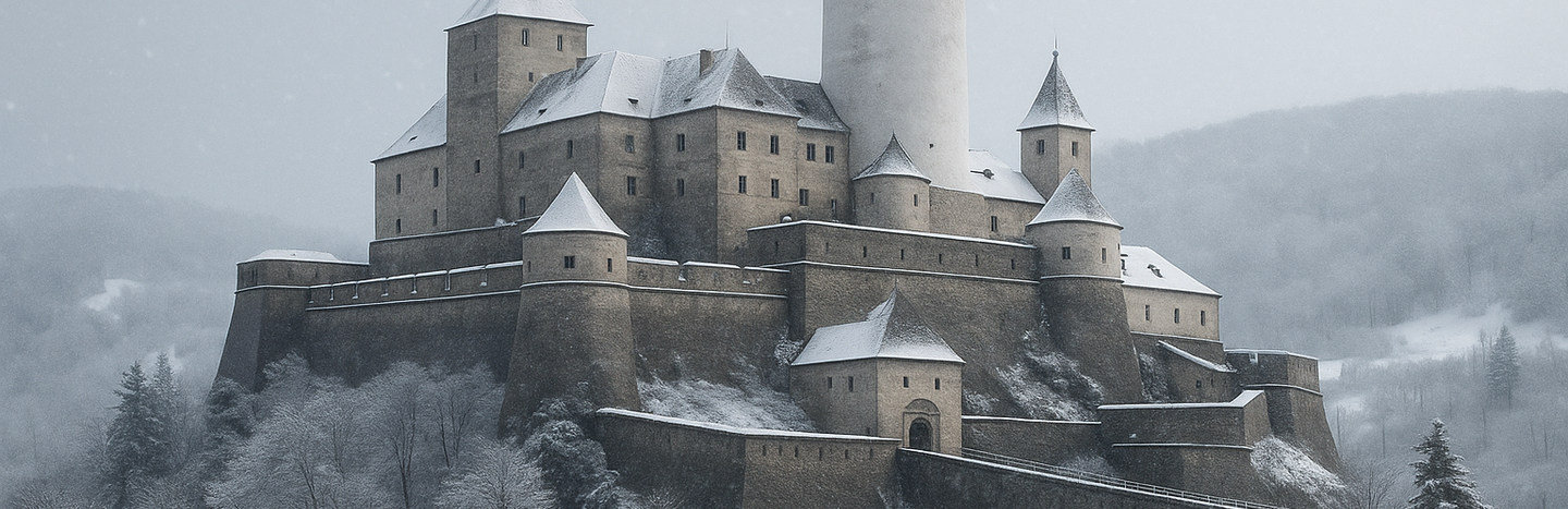 Eine mittelalterliche, verschneite Steinburg, umgeben von winterlichen Bäumen und sanft fallenden Schneeflocken.