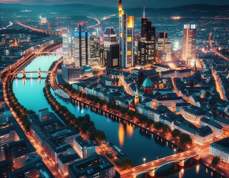 Eine pulsierende Stadtsilhouette bei Nacht mit beleuchteten Wolkenkratzern und einem Fluss, der durch die Stadt fließt.