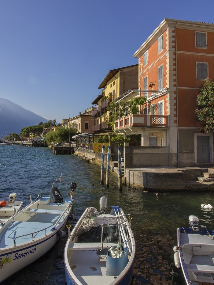 Vier Radfahrer fahren auf einem Schotterweg durch grüne Felder mit Bergen im Hintergrund.