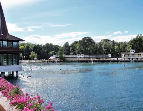 Eine heitere Seeszene mit Schwimmern, Blumen im Vordergrund und einem Gebäude mit spitzen Türmen im Hintergrund.