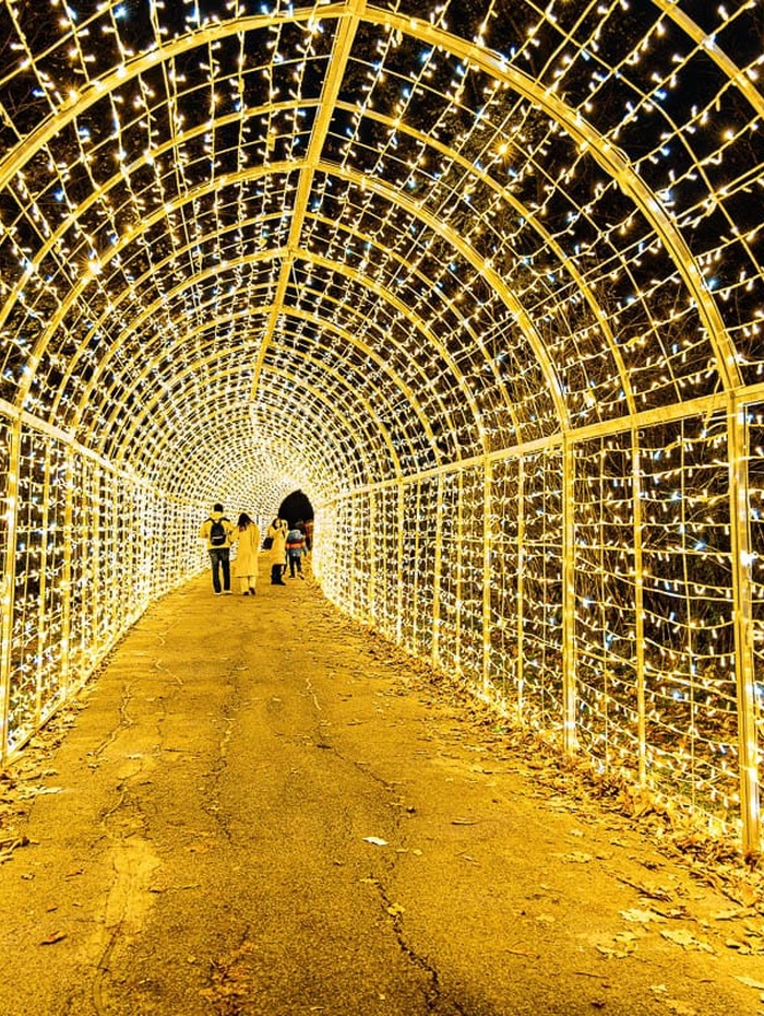 Menschen, die nachts durch einen mit gelben Lichtern beleuchteten Tunnel gehen.