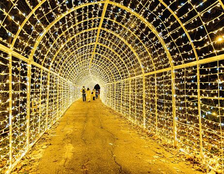 Menschen, die nachts durch einen mit gelben Lichtern beleuchteten Tunnel gehen.