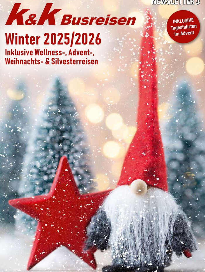 Ein festlicher Gnom mit roter Mütze und Stern sitzt im fallenden Schnee; der Text wirbt für K&K Busreisen Winterreisen.