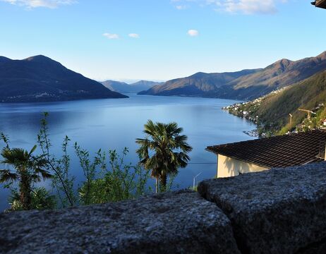 Blick auf einen ruhigen, von Bergen umgebenen See, mit einer Palme und einer Steinmauer im Vordergrund.