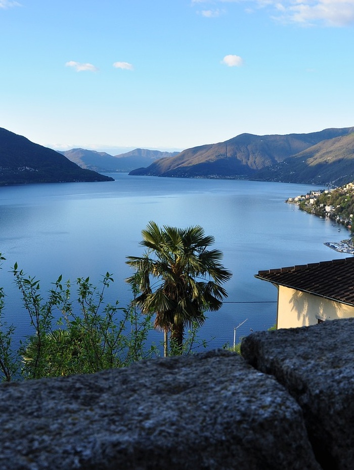Blick auf einen ruhigen, von Bergen umgebenen See, mit einer Palme und einer Steinmauer im Vordergrund.
