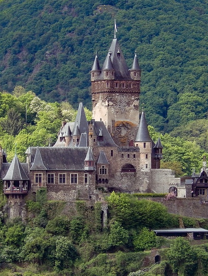 Eine mittelalterliche Burg mit hohen Türmen thront inmitten üppiger grüner Bäume am Fuße eines bewaldeten Hügels.