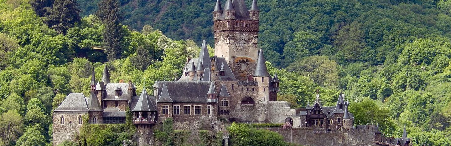 Eine mittelalterliche Burg mit hohen Türmen thront inmitten üppiger grüner Bäume am Fuße eines bewaldeten Hügels.