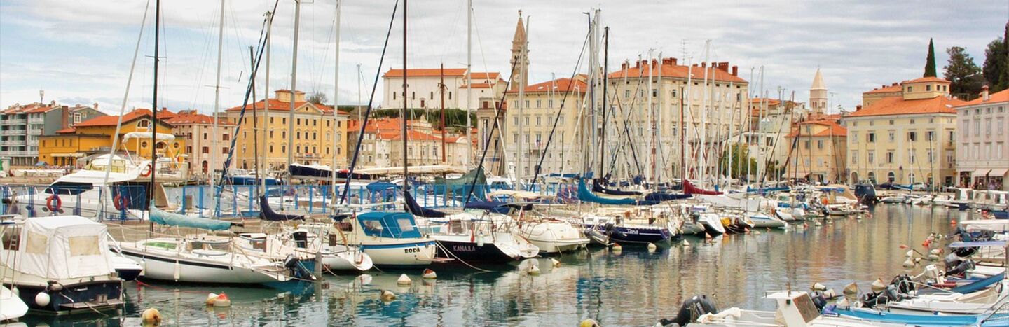 Segelboote und Yachten in einem Jachthafen mit Gebäuden und bewölktem Himmel im Hintergrund.
