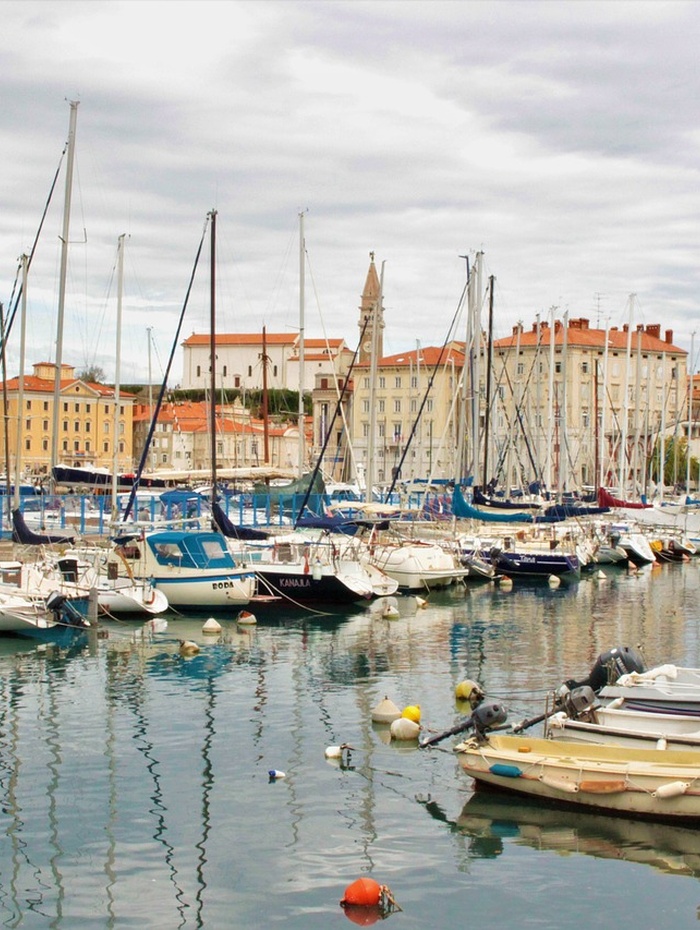 Segelboote und Yachten in einem Jachthafen mit Gebäuden und bewölktem Himmel im Hintergrund.