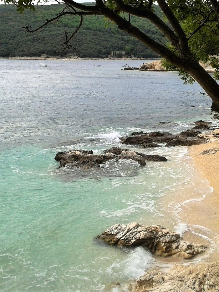 Ein felsiger Strand mit klarem, türkisfarbenem Wasser, überhängenden Bäumen und bewaldeten Hügeln an der Küste.