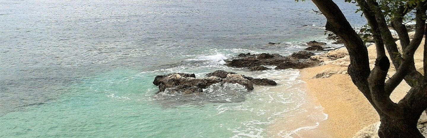 Ein felsiger Strand mit klarem, türkisfarbenem Wasser, überhängenden Bäumen und bewaldeten Hügeln an der Küste.