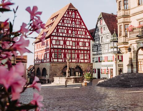 Fachwerkhäuser und rosafarbene Blumen auf einem malerischen europäischen Stadtplatz mit Kopfsteinpflaster.