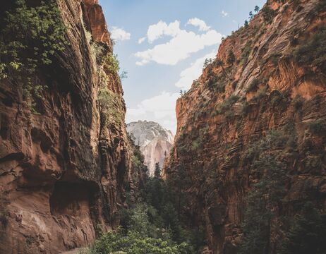 Enger Canyon mit hohen roten Felswänden und Kiefern, unter einem teilweise bewölkten Himmel.