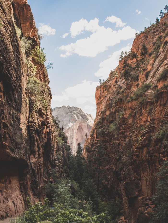 Enger Canyon mit hohen roten Felswänden und Kiefern, unter einem teilweise bewölkten Himmel.