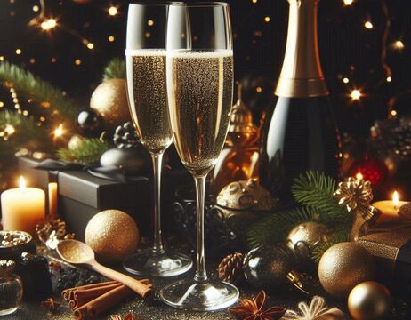 Zwei Sektgläser und eine Flasche, umgeben von festlicher Dekoration und funkelnden Lichtern.