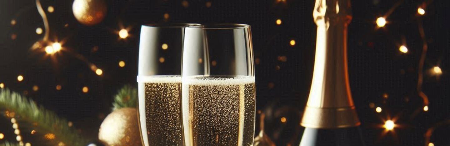 Zwei Sektgläser und eine Flasche, umgeben von festlicher Dekoration und funkelnden Lichtern.