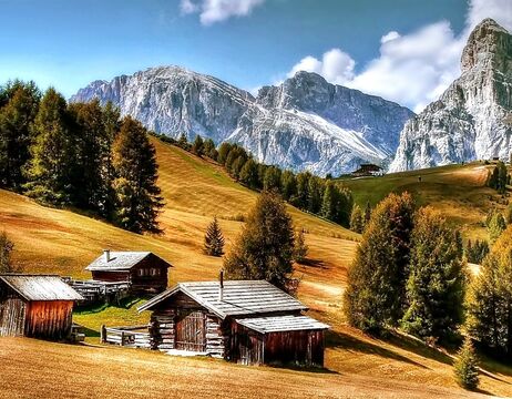 Rustikale Holzhütten auf einem grasbewachsenen Hügel mit hohen Bäumen und schneebedeckten Bergen im Hintergrund.