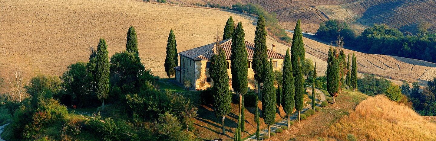 Ein rustikales Haus, umgeben von hohen Zypressen an einem gewundenen Weg inmitten von goldenen Feldern.
