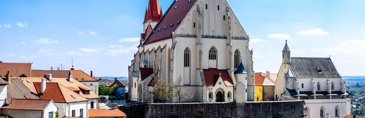 Gotische Kirche mit rotem Dach und hohem Kirchturm, umgeben von Häusern unter blauem Himmel.
