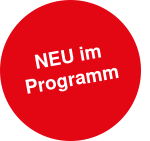 Roter Kreis mit weißem Text in deutscher Sprache: NEU im Programm.