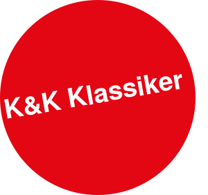 Roter Kreis mit dem weißen, schrägen Text K&K Klassiker in der Mitte.