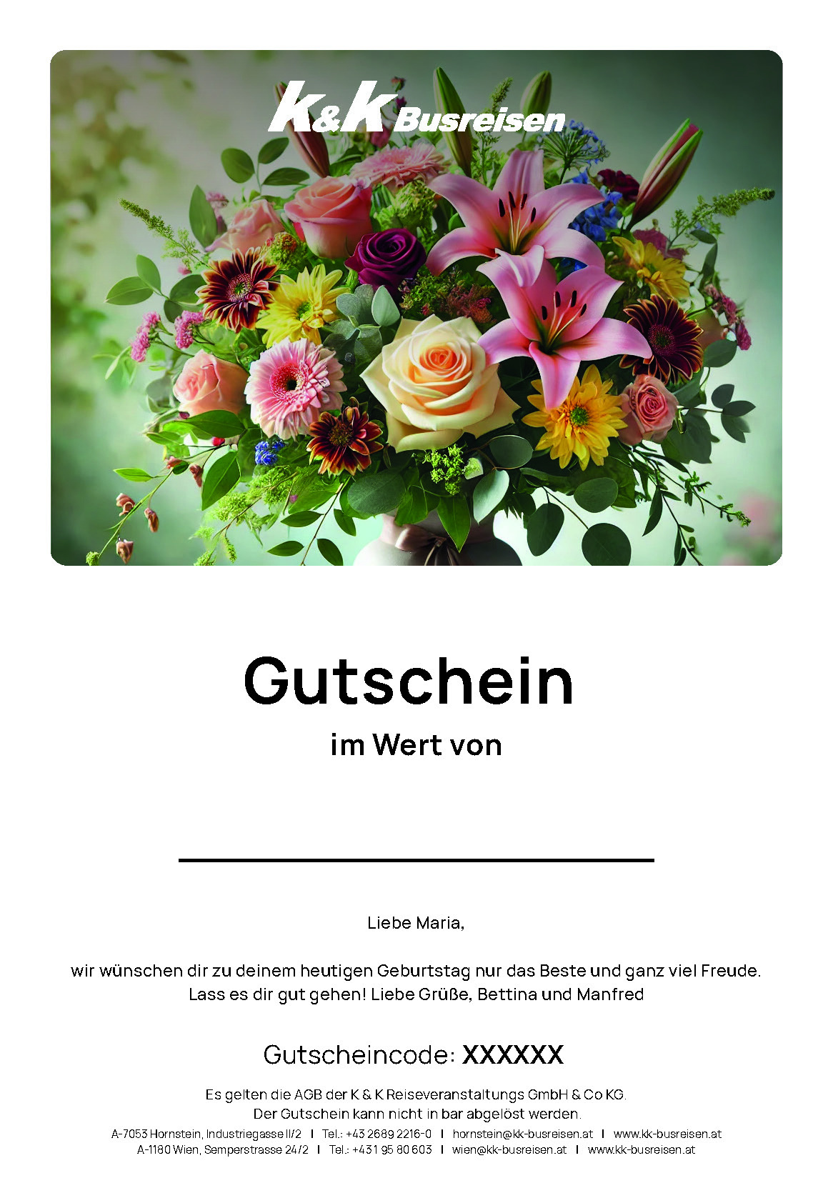 Ein bunter Blumenstrauß mit Gutschein und K&K Busreisen-Logo; darunter eine Gutschein-Nachricht.