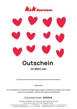 Gutschein mit roten Herzen, dem Logo von K&K Busreisen und einem Feld für einen individuellen Betrag und Code.